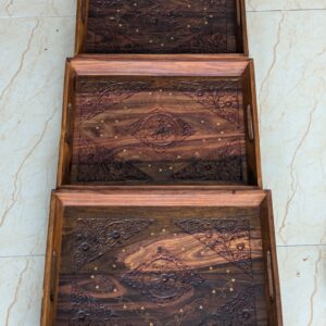 Lerili Megamall Handcrafted Wooden Serving Tray set with Carving and Brass Inlay